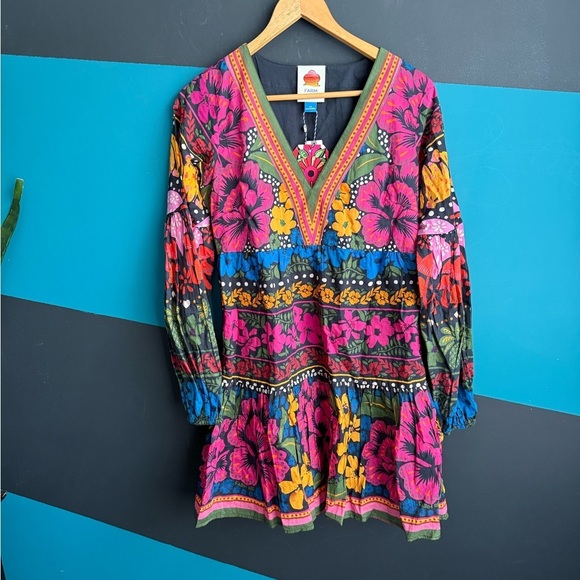 NWT FARM Rio Embellished Pink and Blue Bishop Sleeve Sundress 100% Cotton XS - Picture 3 of 16